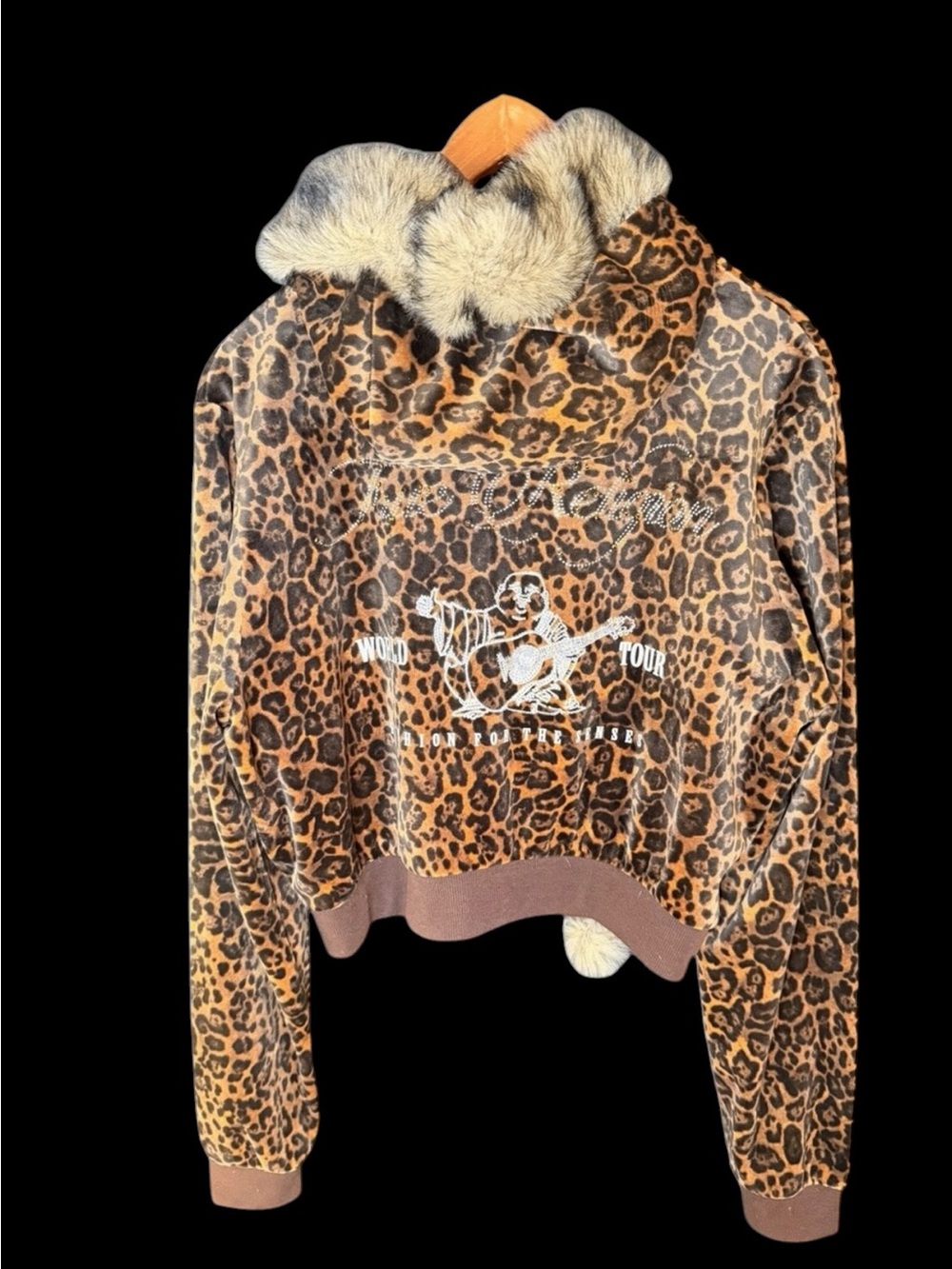 True Religion Leopard Print Velour Zip-Up Hoodie w/ Faux Fur Trim - Picture 2 of 5